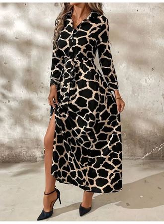 Kadın Uzun Kollu Yakalı önü Düğmeli Desenli Belden Kuşaklı Uzun Süprem Elbise