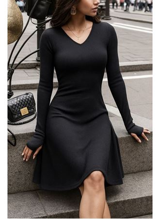 Kadın Uzun Kollu Bisiklet Yaka Kısa Kaşkorse Elbise