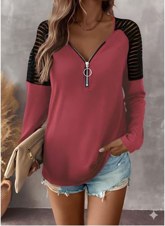 Kadın Uzun Kollu Yakadan Fermuarlı Viskon Bluz