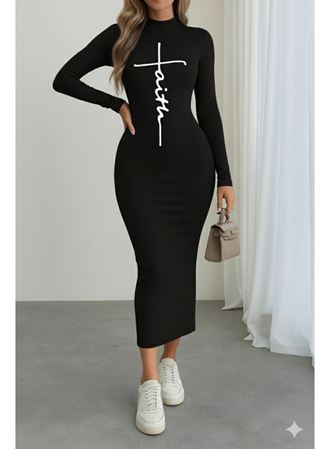 Kadın Uzun Kollu Boğazlı Baskı Detaylı Viskon Tam Boy Elbise