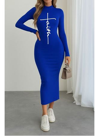 Kadın Uzun Kollu Boğazlı Baskı Detaylı Viskon Tam Boy Elbise