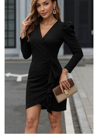 Kadın Uzun Kollu Kruvaze Yaka Karpuz Kol Eteği Fırfır Detay Krep Mini Elbise