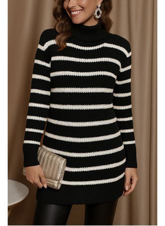 Kadın Uzun Kollu Degaje Yaka çizgili Sonya Iplik Mini Boy Triko Elbise (kemersiz)