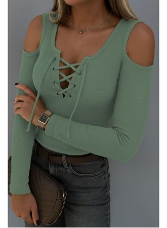 Kadın Omuzlardan Açık Uzun Kollu Bağcıklı Kaşkorse Bluz