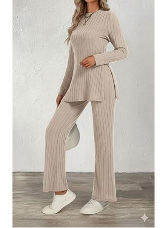 Kadın Uzun Kollu Bisiklet Yaka Yandan Yırtmaçlı şardonlu Kaşkorse Bluz Ve Pantolon Ikili Takım