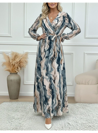 Kadın Uzun Kollu Kruvaze Yakalı Beli Kuşaklı Desenli Süprem Maxi Elbise