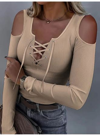 Kadın Omuzlardan Açık Uzun Kollu Bağcıklı Kaşkorse Bluz