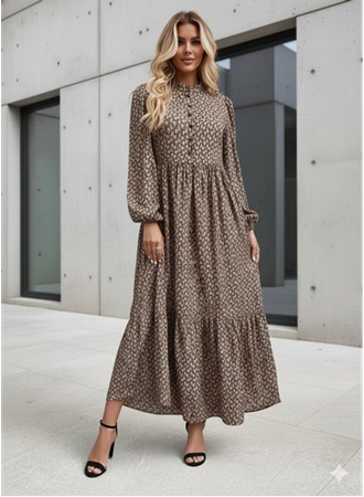 Kadın Uzun Kollu Hakim Yakalı Düğmeli Kemersiz Desenli Maxi Süprem Elbise