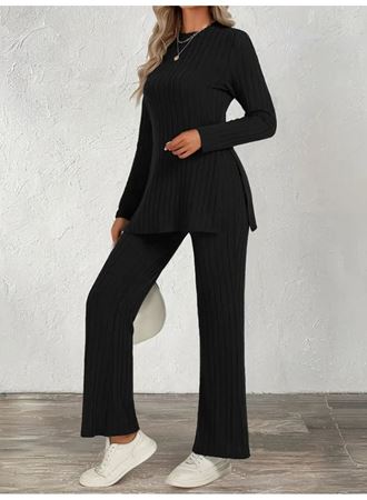 Kadın Uzun Kollu Bisiklet Yaka Yandan Yırtmaçlı şardonlu Kaşkorse Bluz Ve Pantolon Ikili Takım