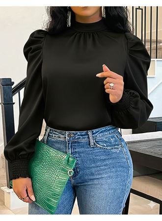 Kadın Uzun Kollu Balıkçı Yaka Arkadan Bağlamalı Omuzlardan Balon Ithal Krep Bluz