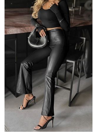 Kadın Yüksek Bel Paçaya Doğru Geniş Deri Pantolon