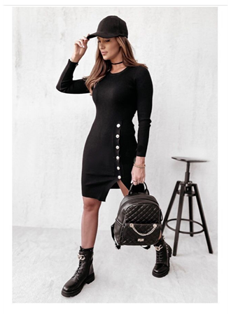 Kadın Siyah Uzun Kollu Bisiklet Yaka Yan Yırtmaç Düğme Detay Kısa Kaşkorse Elbise