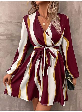 Kadın Uzun Kollu Kruvaze Yakalı Desenli Modal Mini Elbise