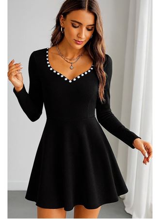 Kadın Uzun Kollu Inci Yakalı Kısa Ithal Krep Elbise