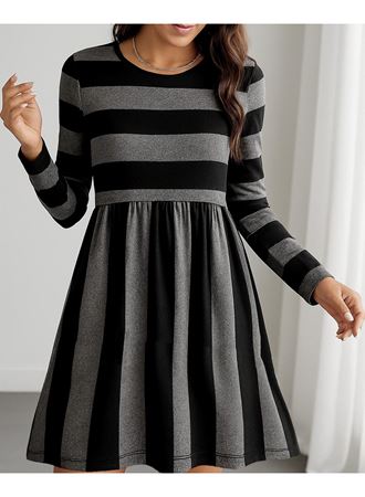 Kadın Uzun Kollu Bisiklet Yaka çizgili Desen Detaylı Süprem Mini Elbise