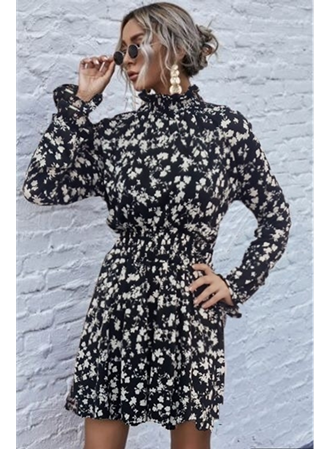 Kadın Uzun Kollu Balıkçı Yaka çiçek Baskılı Helen Kumaş Elbise