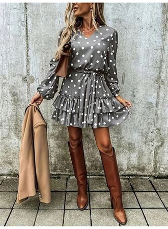 Kadın Uzun Kollu V Yakalı Belden Kuşaklı Puantiyeli Mini Modal Elbise