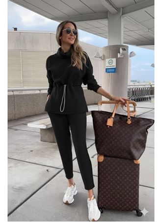 Kadın Uzun Kollu Balıkçı Yaka Belden Lastikli Modal Bluz Ve Pantolon Ikili Takım