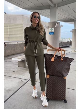 Kadın Uzun Kollu Balıkçı Yaka Belden Lastikli Modal Bluz Ve Pantolon Ikili Takım