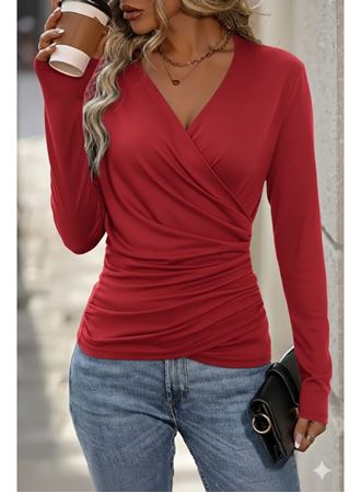 Kadın Uzun Kollu Kruvaze Yaka Yanlardan Büzgülü Viskon Bluz