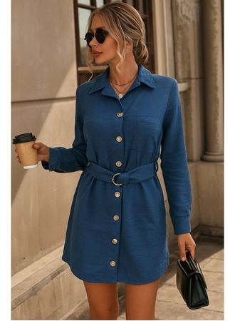 Kadın Uzun Kollu Yakalı önden Düğmeli Beli Kuşaklı Mini Ithal Keten Elbise