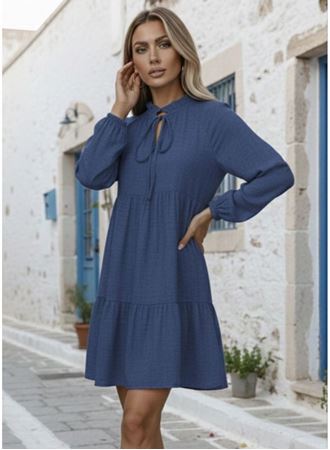 Kadın Uzun Kollu Yakadan Bağcıklı Fırfırlı Keten Mini Elbise