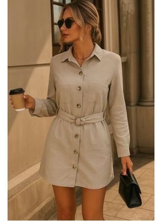 Kadın Uzun Kollu Yakalı önden Düğmeli Beli Kuşaklı Mini Ithal Keten Elbise