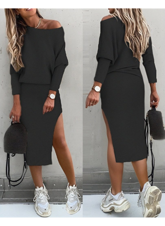 Kadın Uzun Kollu Düşük Omuz Yırtmaç Detay Kaşkorse Etek Bluz Ikili Takım