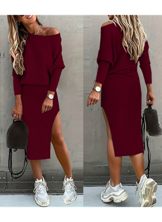 Kadın Uzun Kollu Düşük Omuz Yırtmaç Detay Kaşkorse Etek Bluz Ikili Takım