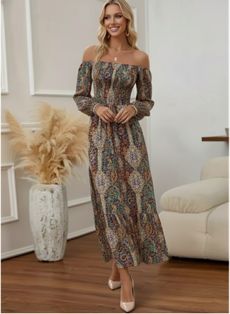 Kadın Düşük Omuzlu Beli Büzgülü Dijital Desenli Kesik Elyaf Süprem Uzun Elbise