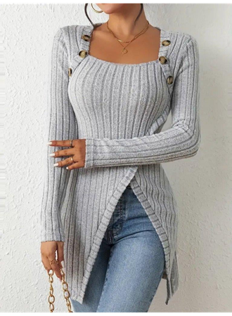 Kadın Uzun Kollu Derin Kare Yaka Düğme Detay şardonlu Kaşkorse Kruvaze Bluz