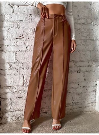 Kadın önden Fermuarlı Cepli Geniş Kesim Lame Deri Pantolon