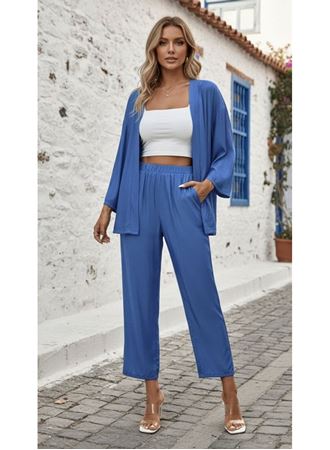 Kadın Uzun Kollu önü Açık Dokuma Ceket Ve Pantolon Ikili Takım