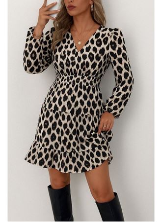Kadın Uzun Kollu Kruvaze Yaka Desenli Mini Modal Elbise