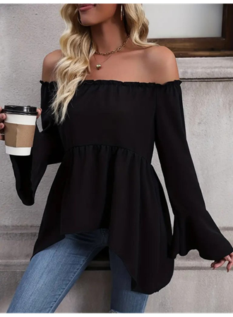 Kadın Uzun Kollu Madonna Yaka Asimetrik Detaylı Kolları Ispanyol Viskon Bluz