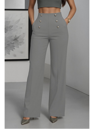 Kadın Yüksek Bel önden Düğmeli Uzun Paçaya Doğru Geniş Ithal Krep Pantolon