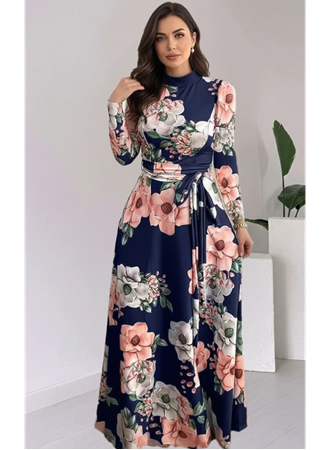 Kadın Uzun Kollu Yuvarlak Yakalı Beli Kuşaklı Desenli Süprem Uzun Elbise