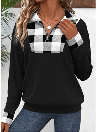 Kadın Uzun Kollu Yakalı önden Fermuarlı Ekose Detaylı Viskon Iki Iplik Bluz