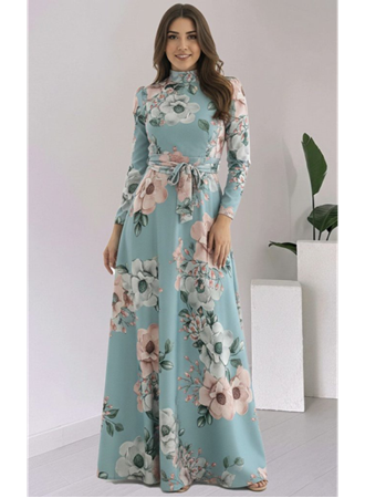Kadın Uzun Kollu Yuvarlak Yakalı Beli Kuşaklı Desenli Süprem Uzun Elbise