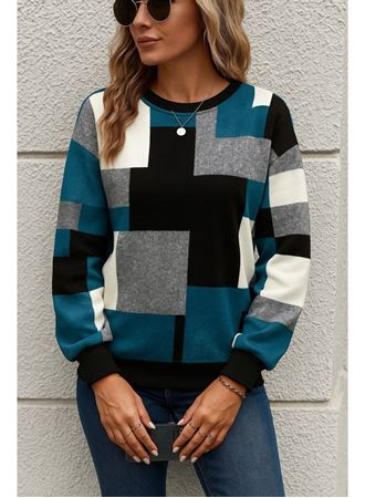 Kadın Uzun Kollu Bisiklet Yaka Renkli Blok Baskı Dalgıç Bluz