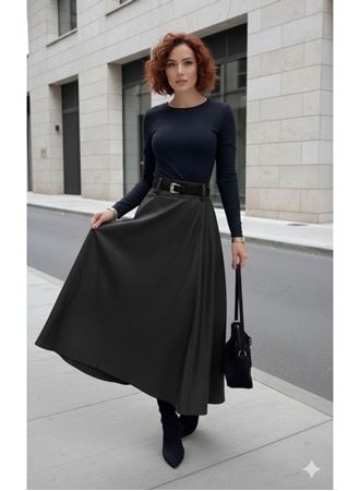 Kadın Yüksek Belli Maxi Deri Kemersiz Etek