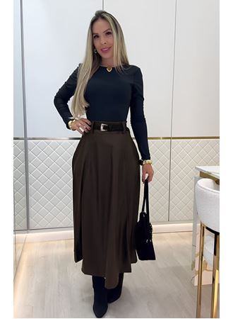 Kadın Yüksek Belli Maxi Deri Kemersiz Etek