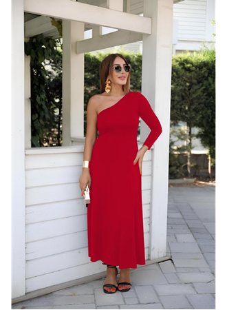 Kadın Uzun Kollu Tek Omuz Detay Krep Elbise
