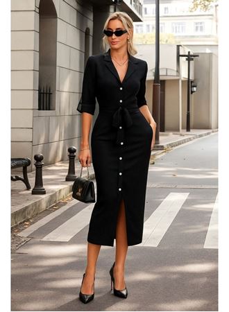 Kadın Uzun Kollu önden Düğmeli Beli Kuşaklı Aerobin Midi Elbise