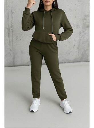 Kadın Uzun Kollu Kapşonlu Bağcıklı üç Iplik Bluz Ve Pantolon Ikili Takım