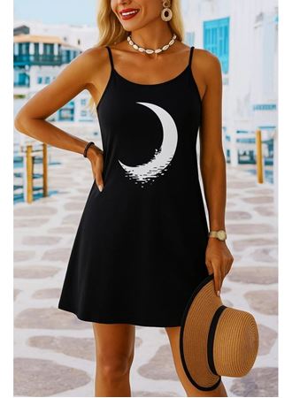 Kadın Ip Askılı Ay Desenli Viskon Elbise