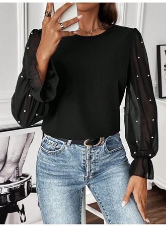 Kadın Uzun Kollu Bisiklet Yaka Tül Detaylı Incili Ithal Krep Bluz