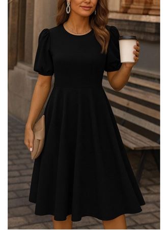 Kadın Kısa Balon Kollu Bisiklet Yaka Geniş Kesim Janjan Krep Elbise