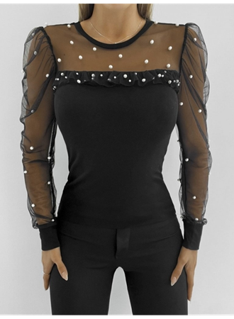 Kadın Uzun Kollu Inci Detaylı Tüllü Viskon Bluz