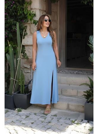 Kadın Askılı V Yakalı Yırtmaçlı Uzun Viskon Elbise